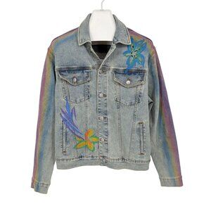 Art Painted Floral Denim Trucker Jacket Men Size M Grunge Y2K Retro Streetwear